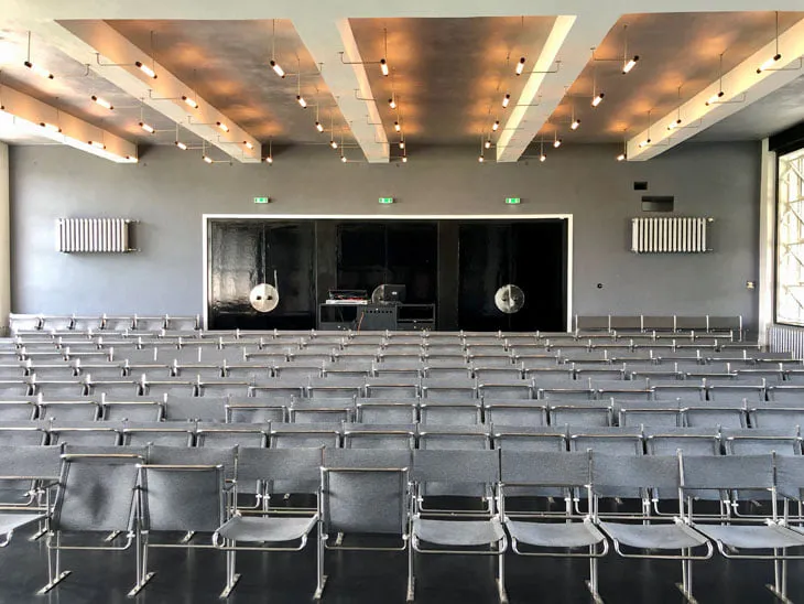 The auditorium, with seating by Marcel Breuer and lighting by Gropius.