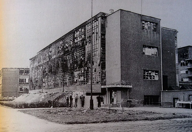 Aerial view of the bombed Bauhaus in Dessau, 1945.